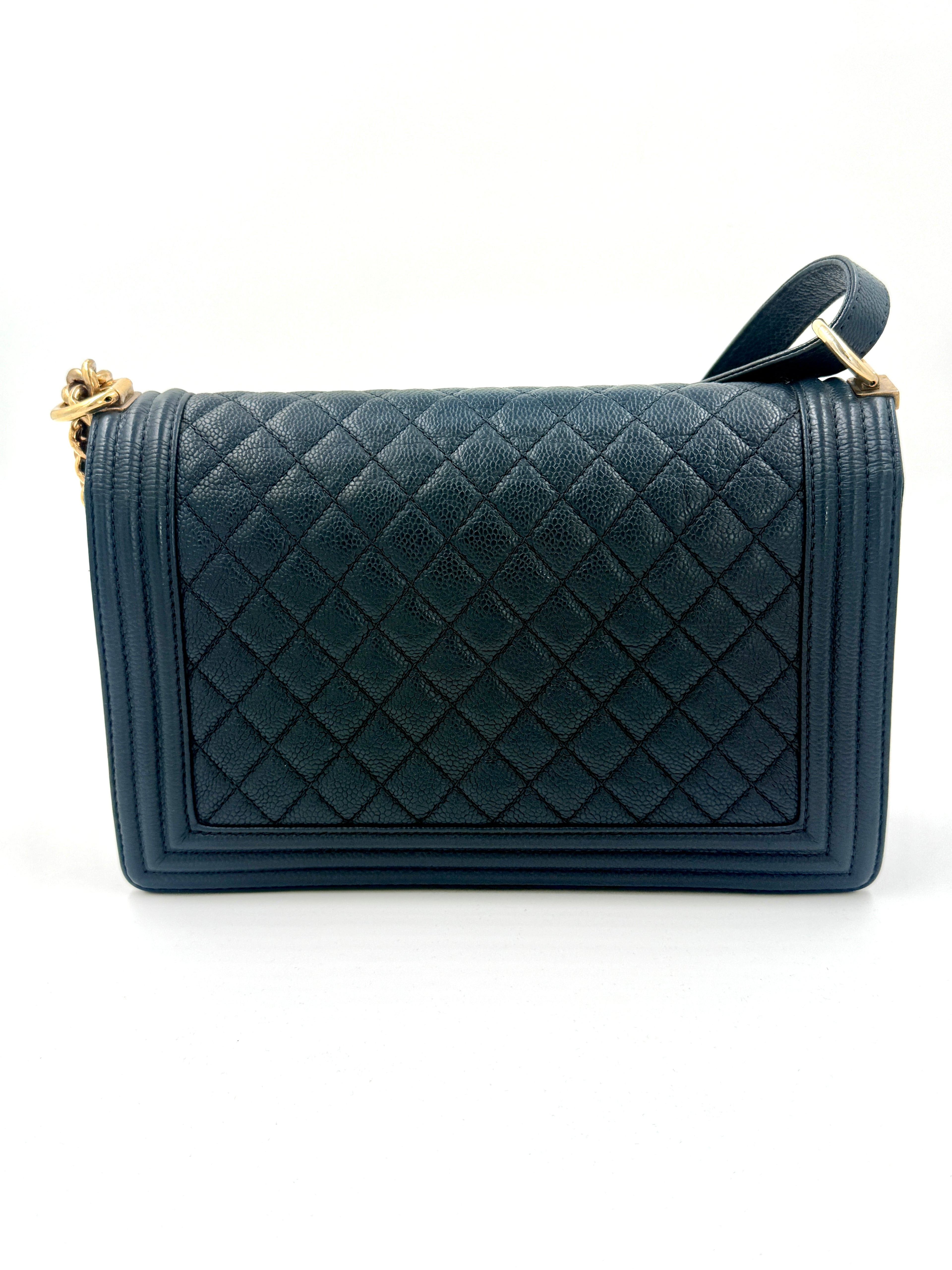 Chanel Boy Bag New Medium Navy Caviar Leather Gold Hardware Pristine - Pre Owned Authentic
