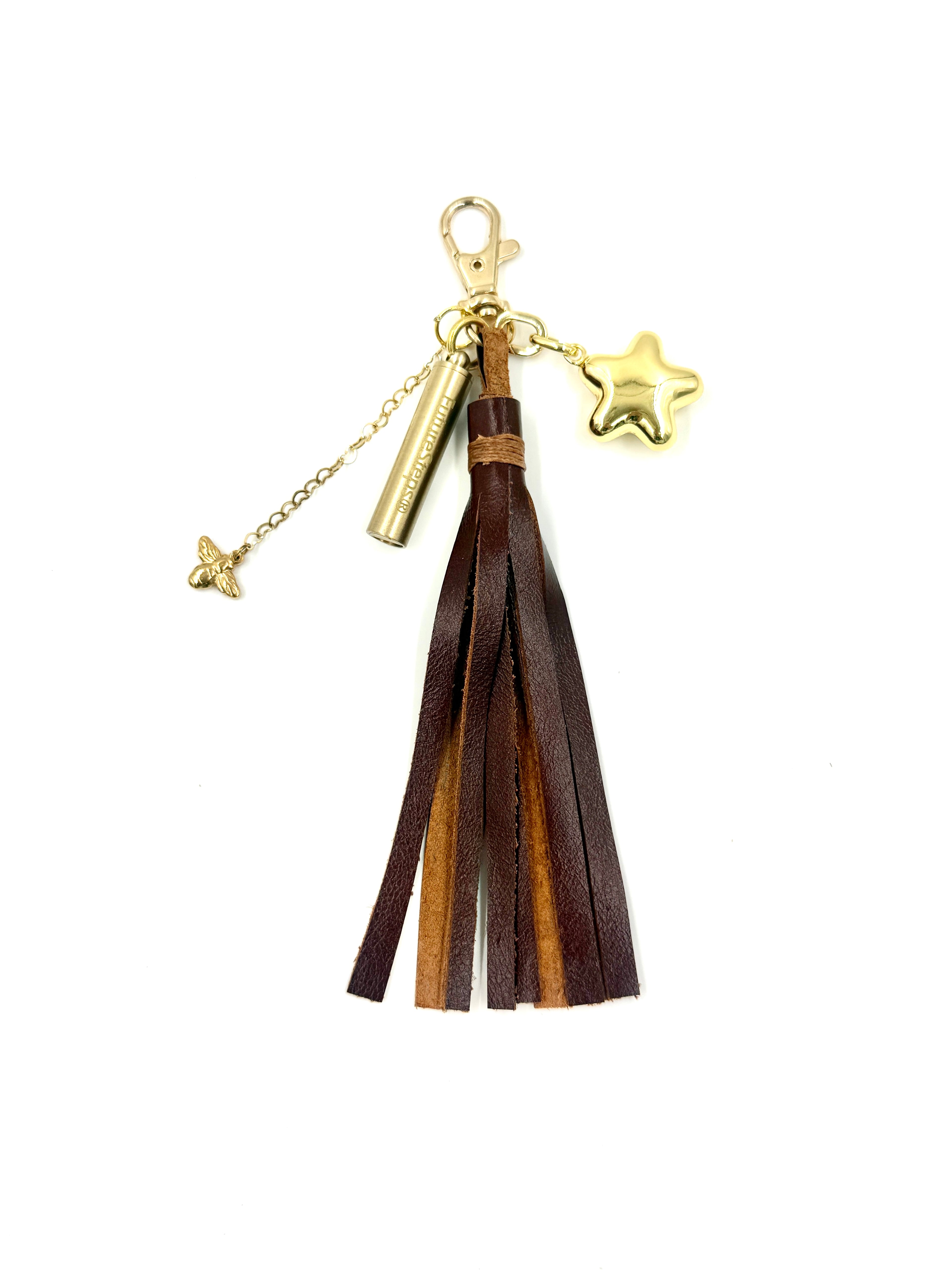Leather Tassel Bag Charm with Bee, Emergency Whistle and Puffy Star