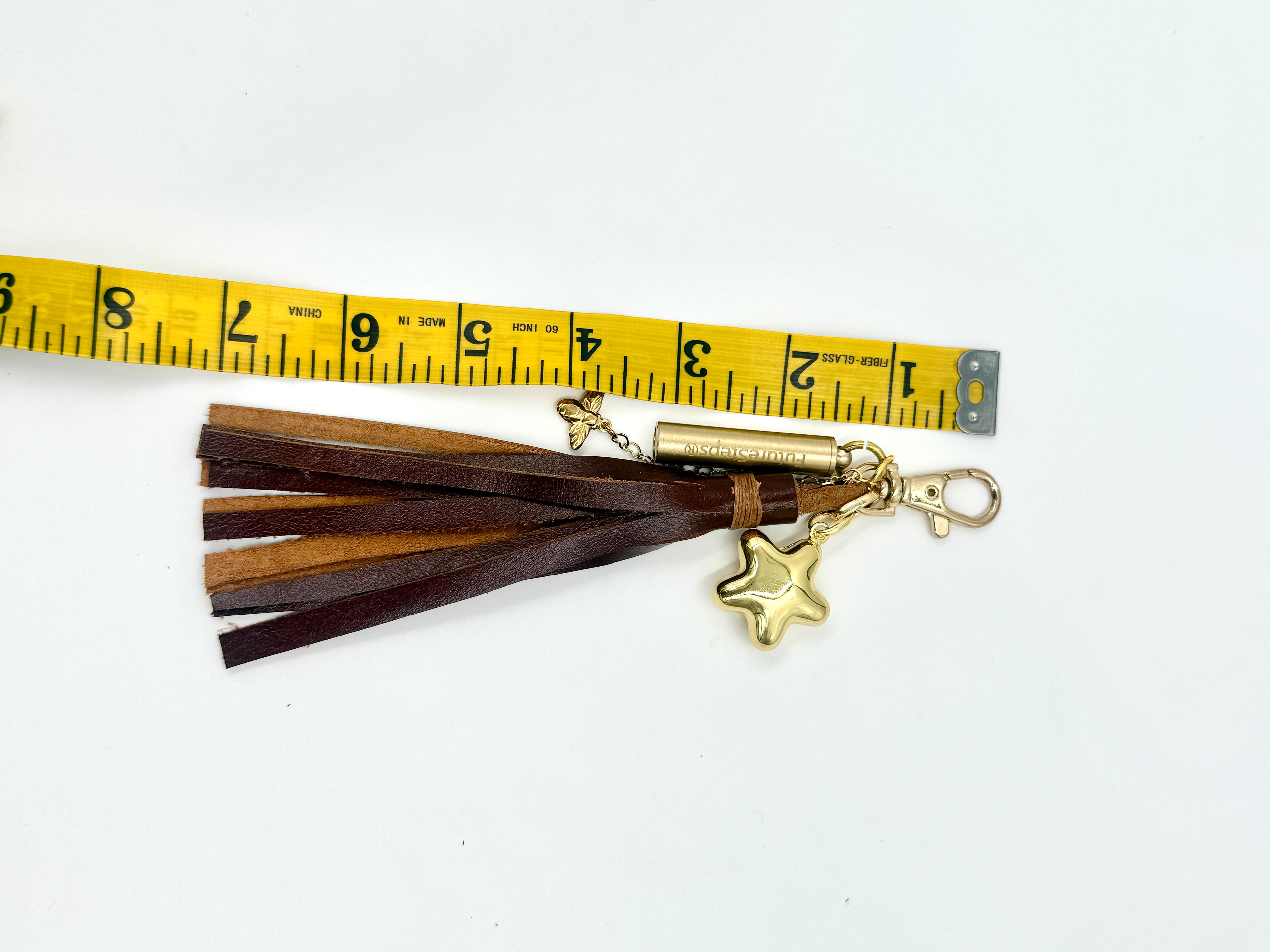 Leather Tassel Bag Charm with Bee, Emergency Whistle and Puffy Star