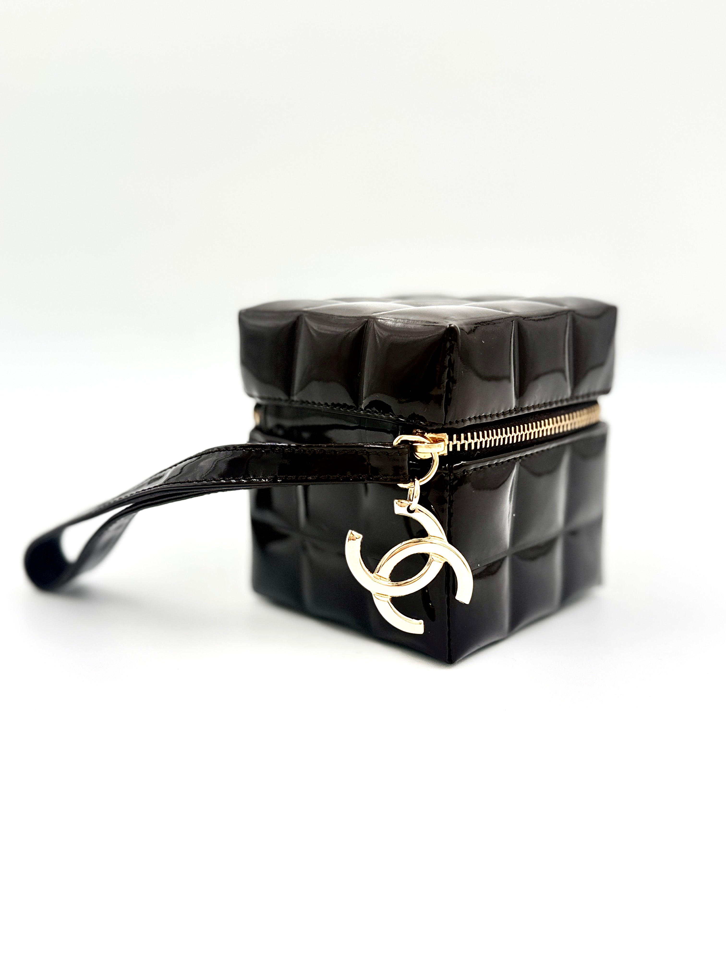 Chanel Chocolate Bar Brown Patent Leather Cube Wristlet, Rare Collectible - Pre Owned Authentic