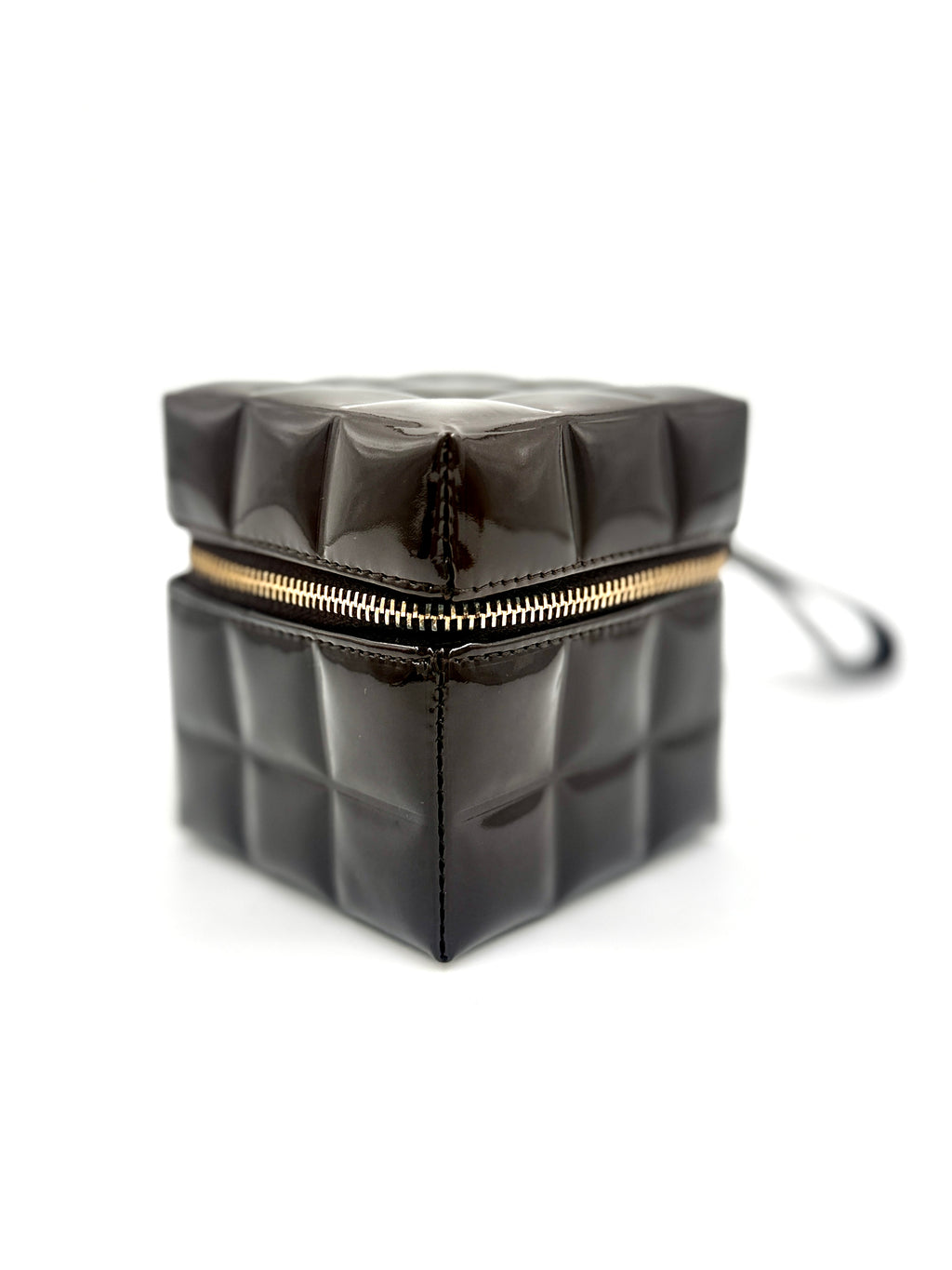 Chanel Chocolate Bar Brown Patent Leather Cube Wristlet, Rare Collectible - Pre Owned Authentic