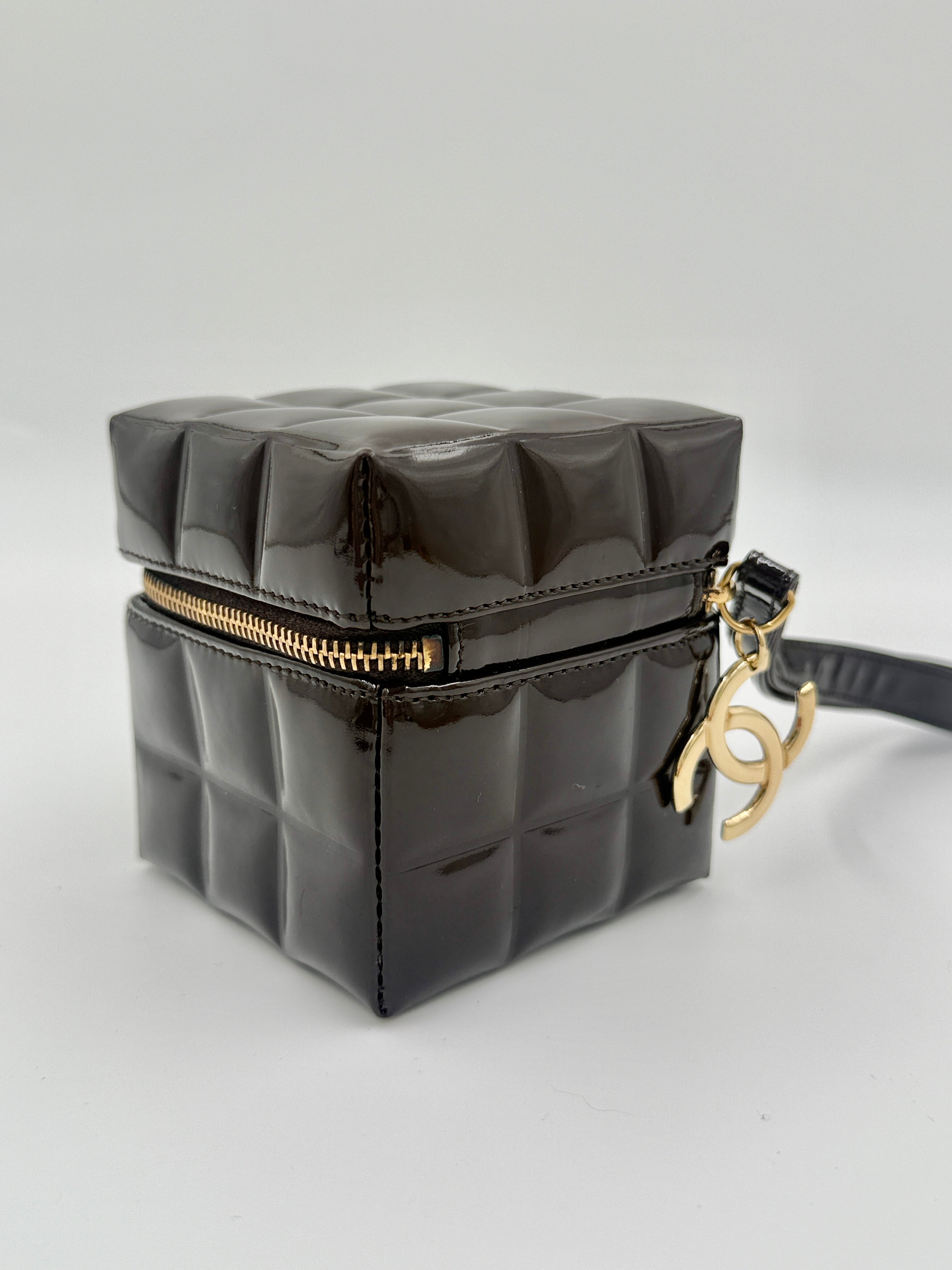 Chanel Chocolate Bar Brown Patent Leather Cube Wristlet, Rare Collectible - Pre Owned Authentic