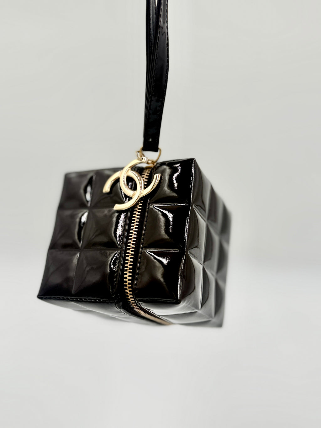 Chanel Chocolate Bar Brown Patent Leather Cube Wristlet, Rare Collectible - Pre Owned Authentic