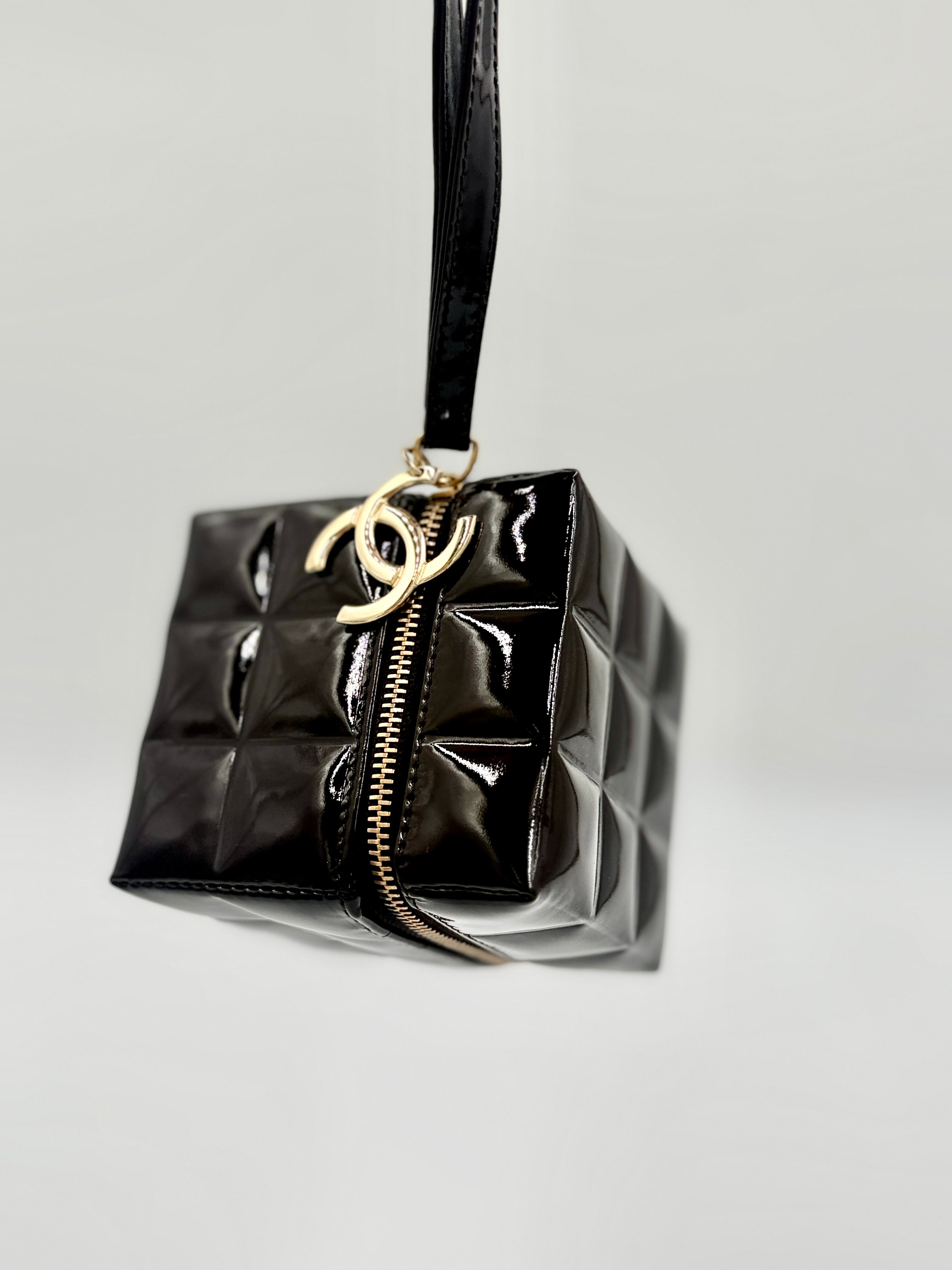 Chanel Chocolate Bar Brown Patent Leather Cube Wristlet, Rare Collectible - Pre Owned Authentic