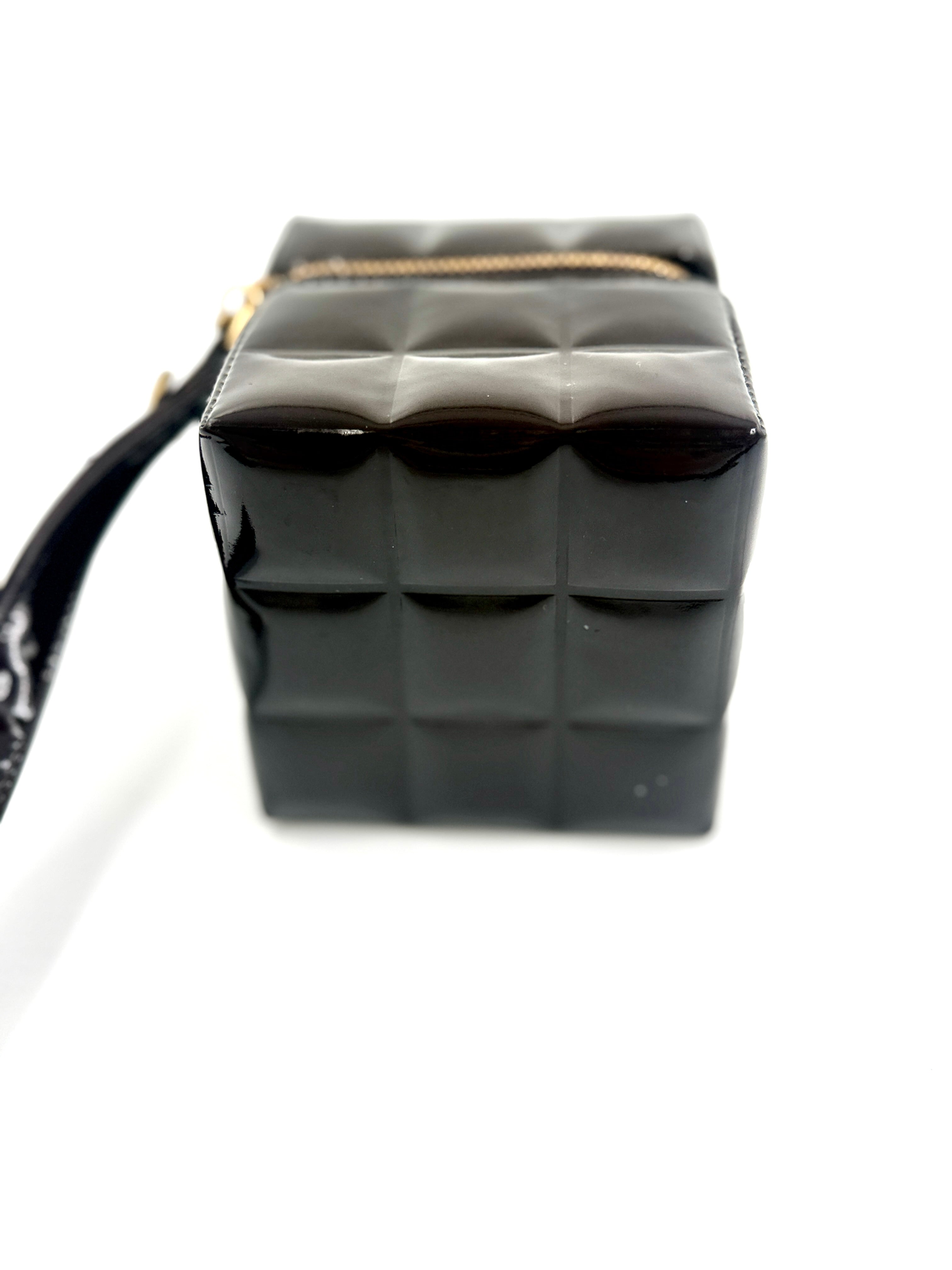 Chanel Chocolate Bar Brown Patent Leather Cube Wristlet, Rare Collectible - Pre Owned Authentic