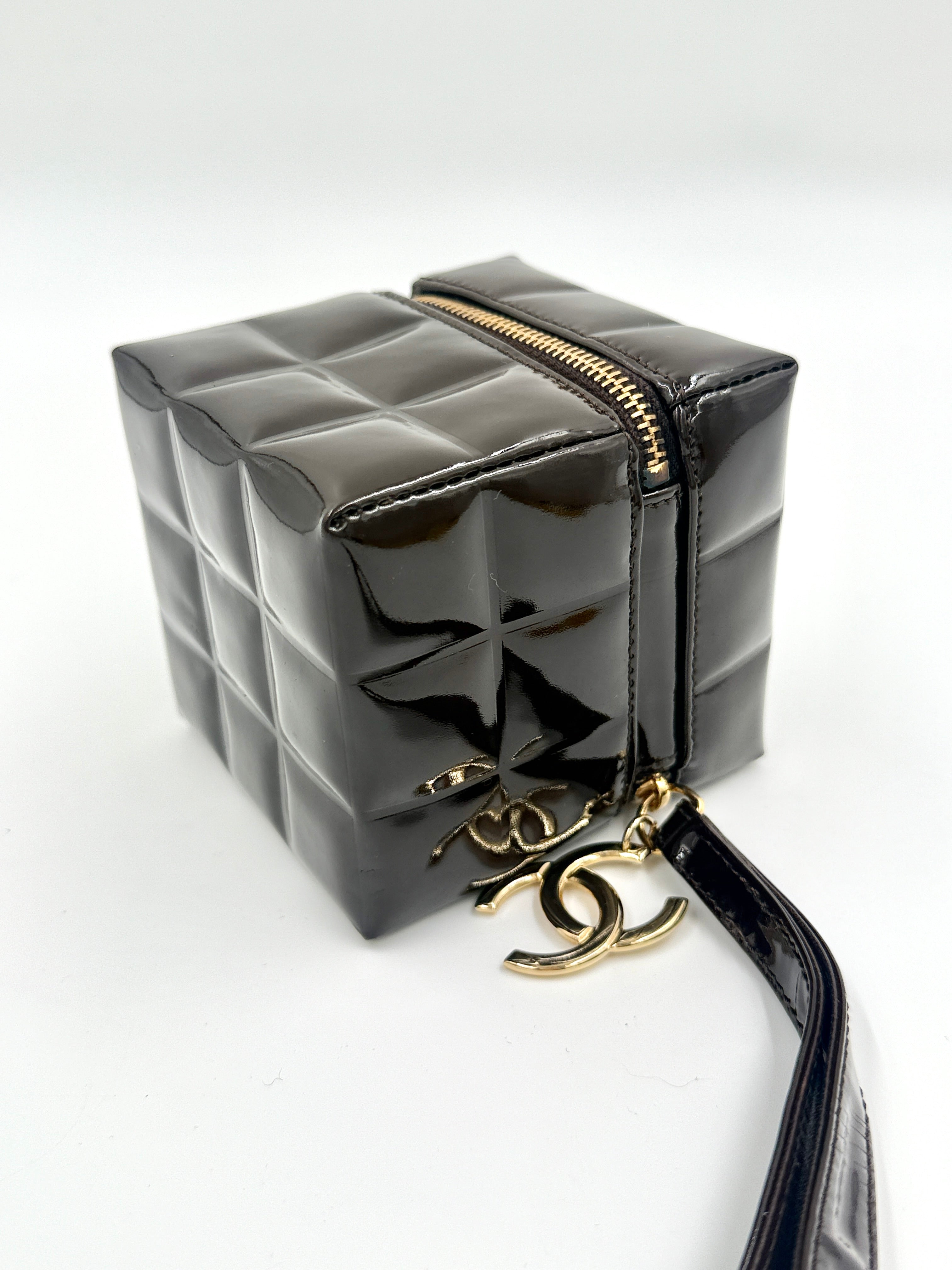 Chanel Chocolate Bar Brown Patent Leather Cube Wristlet, Rare Collectible - Pre Owned Authentic