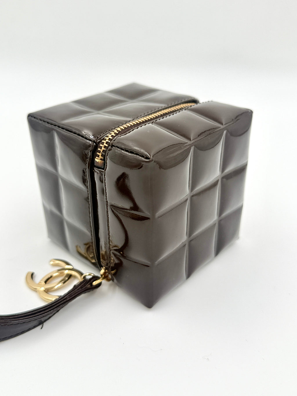 Chanel Chocolate Bar Brown Patent Leather Cube Wristlet, Rare Collectible - Pre Owned Authentic