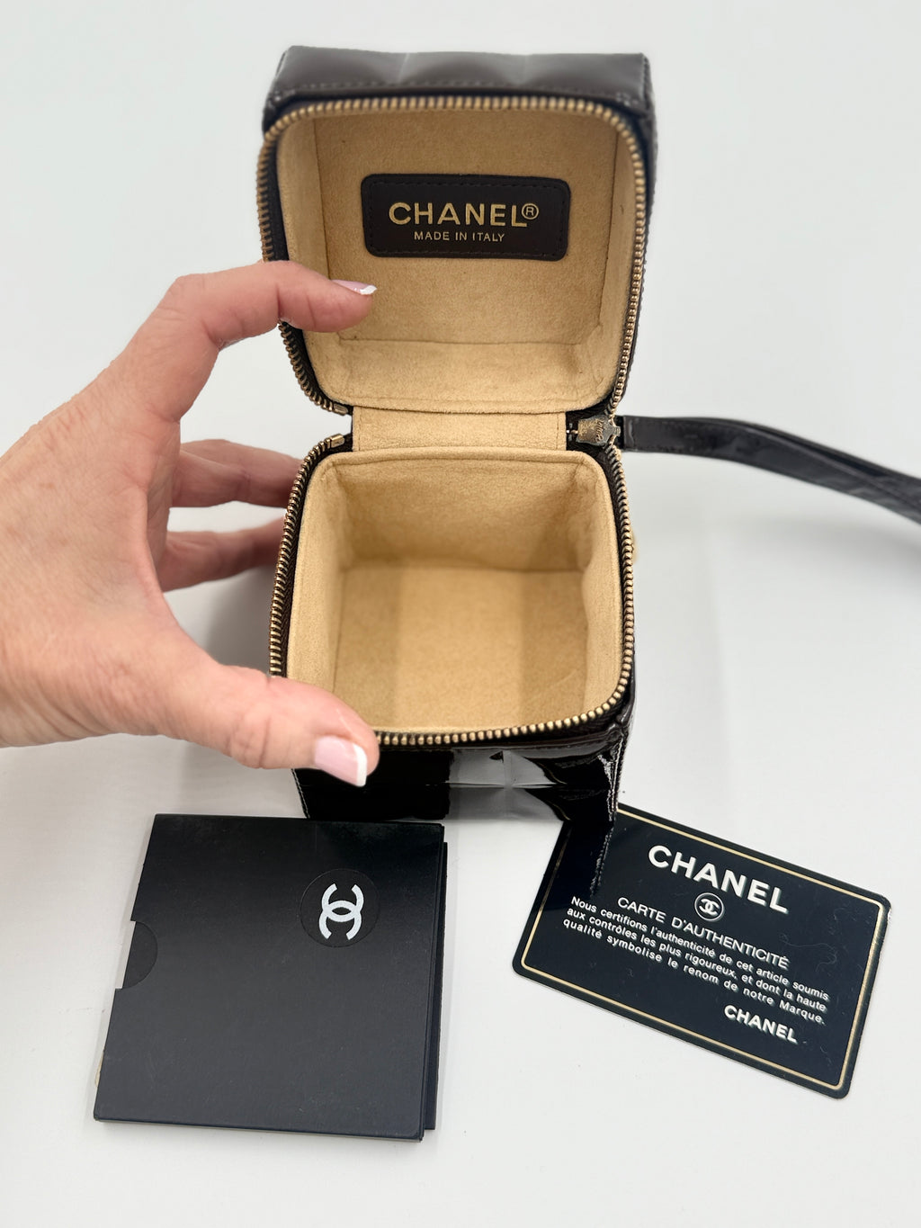 Chanel Chocolate Bar Brown Patent Leather Cube Wristlet, Rare Collectible - Pre Owned Authentic