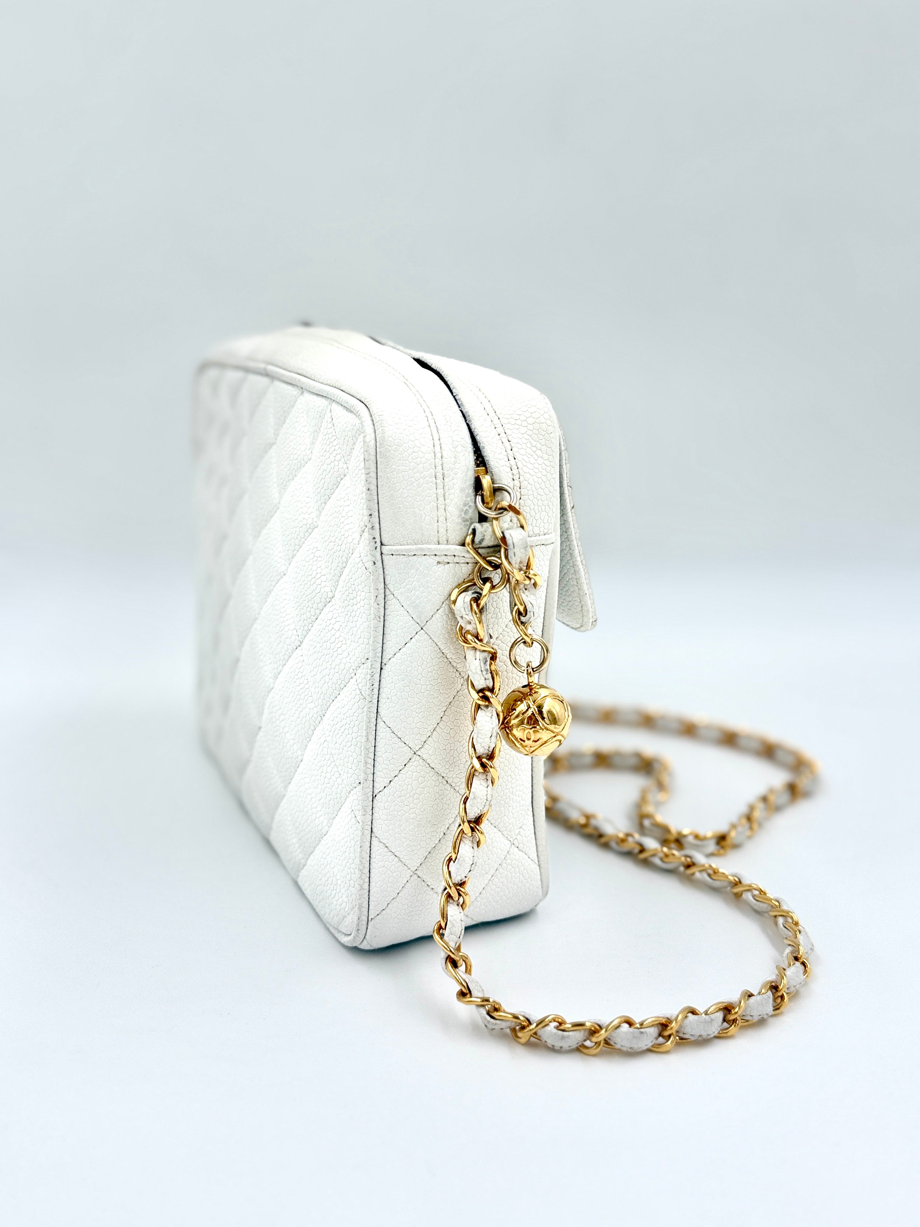 Chanel Matelasse Chain Shoulder Bag - White Caviar Leather Gold Hardware - Pre Owned Authentic