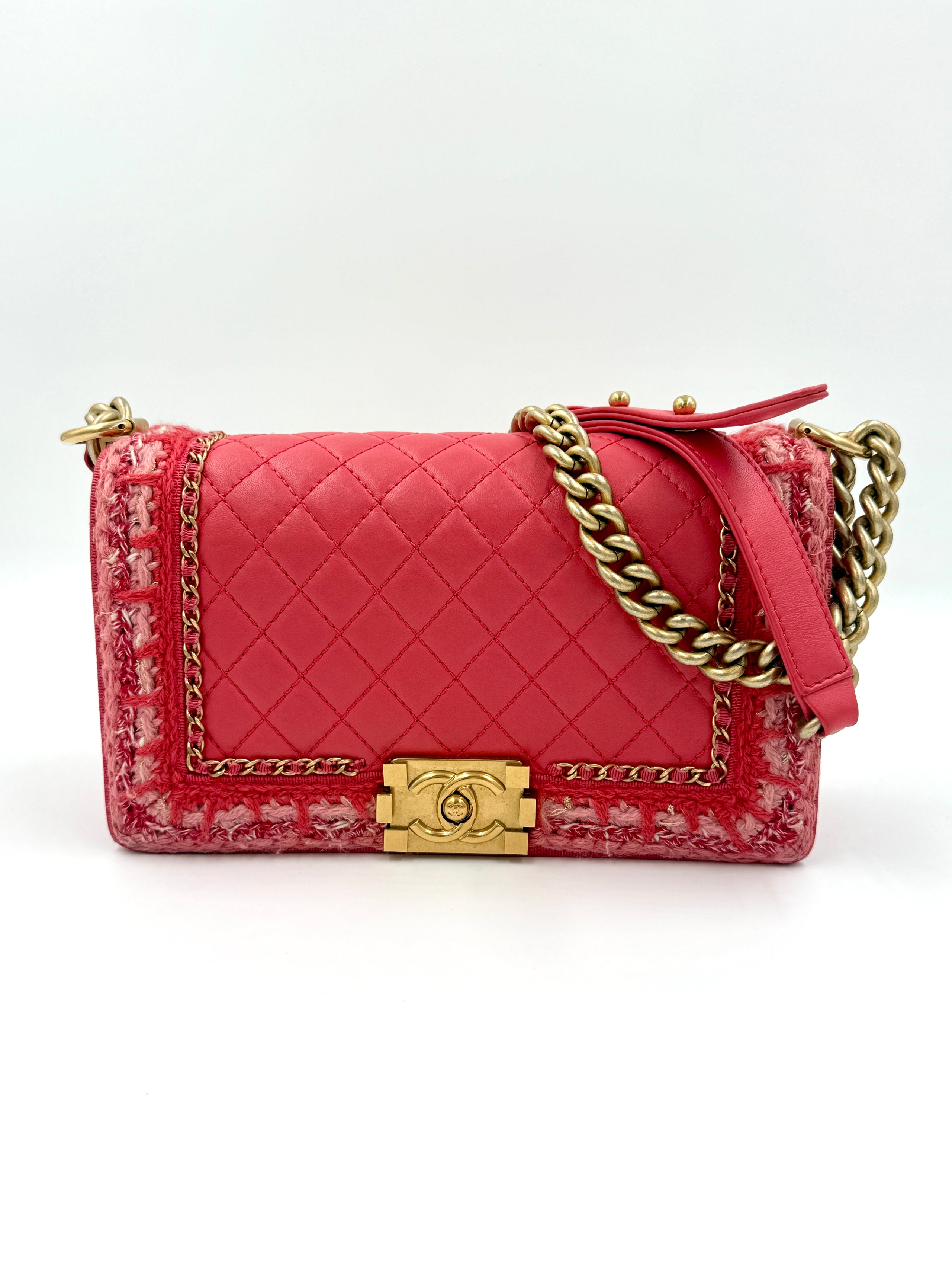 Chanel Crocheted Tweed Edge Lambskin Medium Boy Bag Coral Pink Pre Owned Authentic