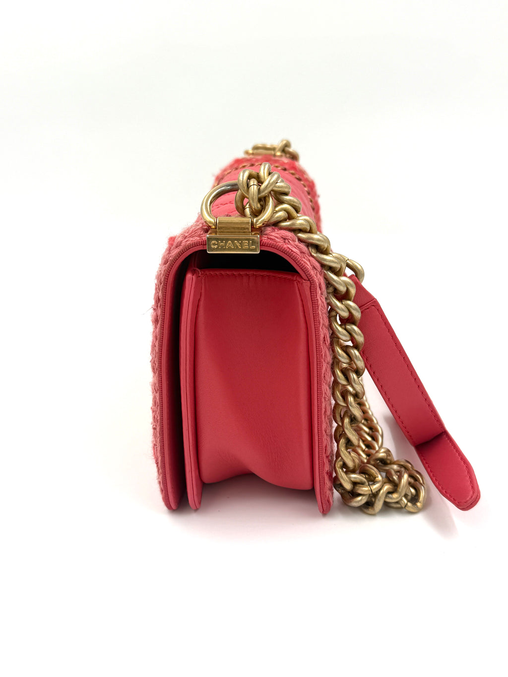 Chanel Crocheted Tweed Edge Lambskin Medium Boy Bag Coral Pink Pre Owned Authentic