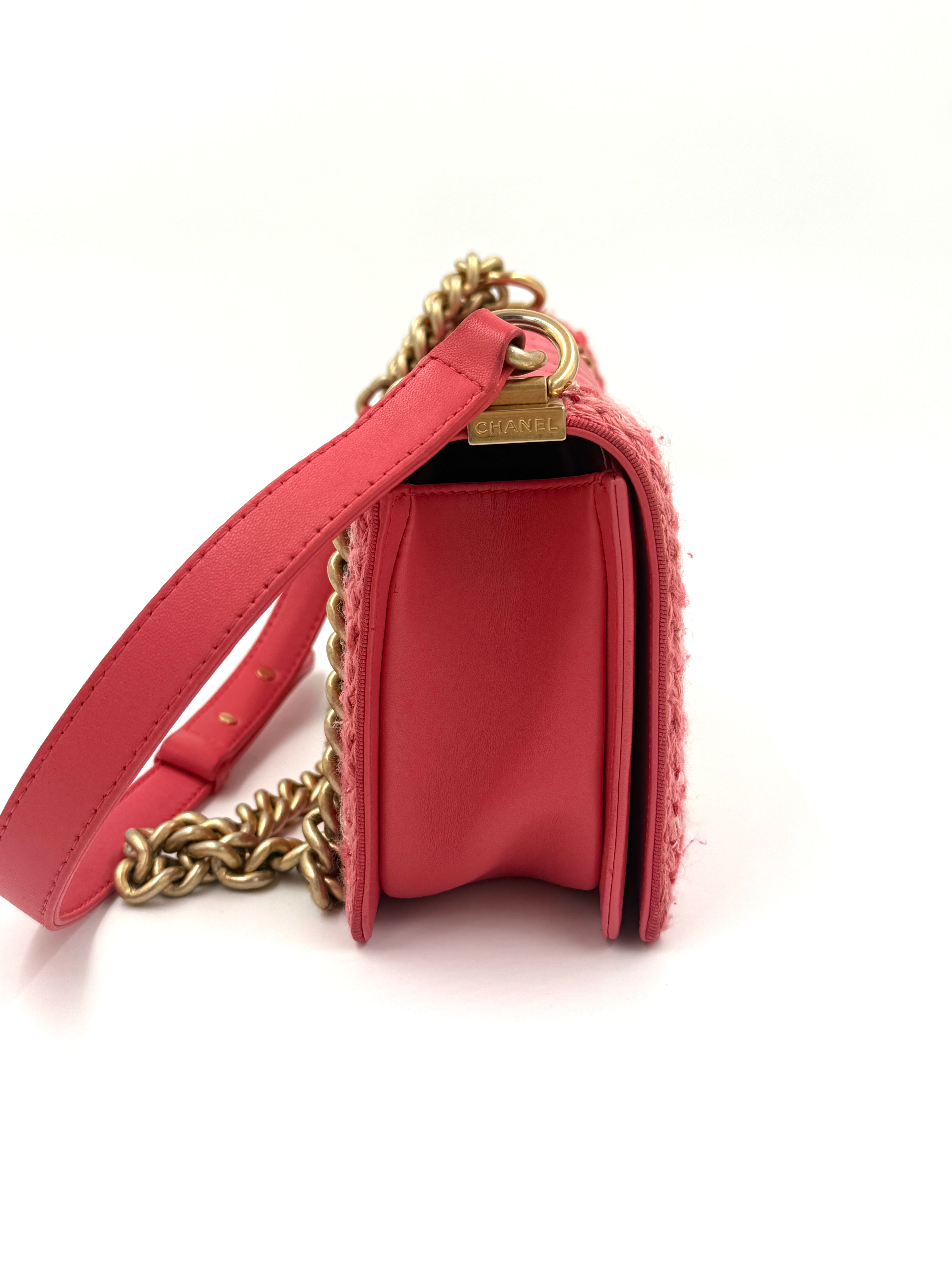 Chanel Crocheted Tweed Edge Lambskin Medium Boy Bag Coral Pink Pre Owned Authentic