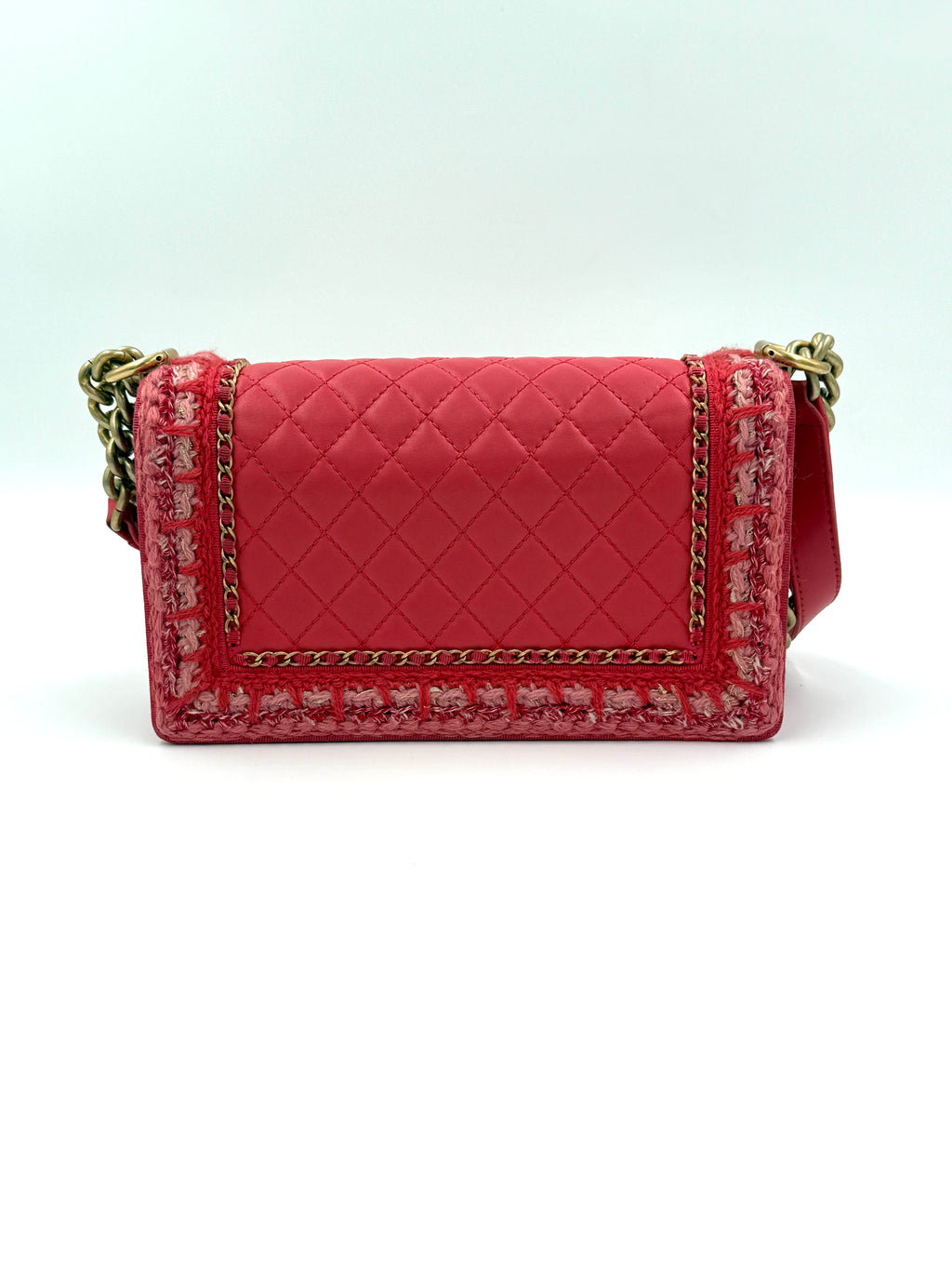 Chanel Crocheted Tweed Edge Lambskin Medium Boy Bag Coral Pink Pre Owned Authentic