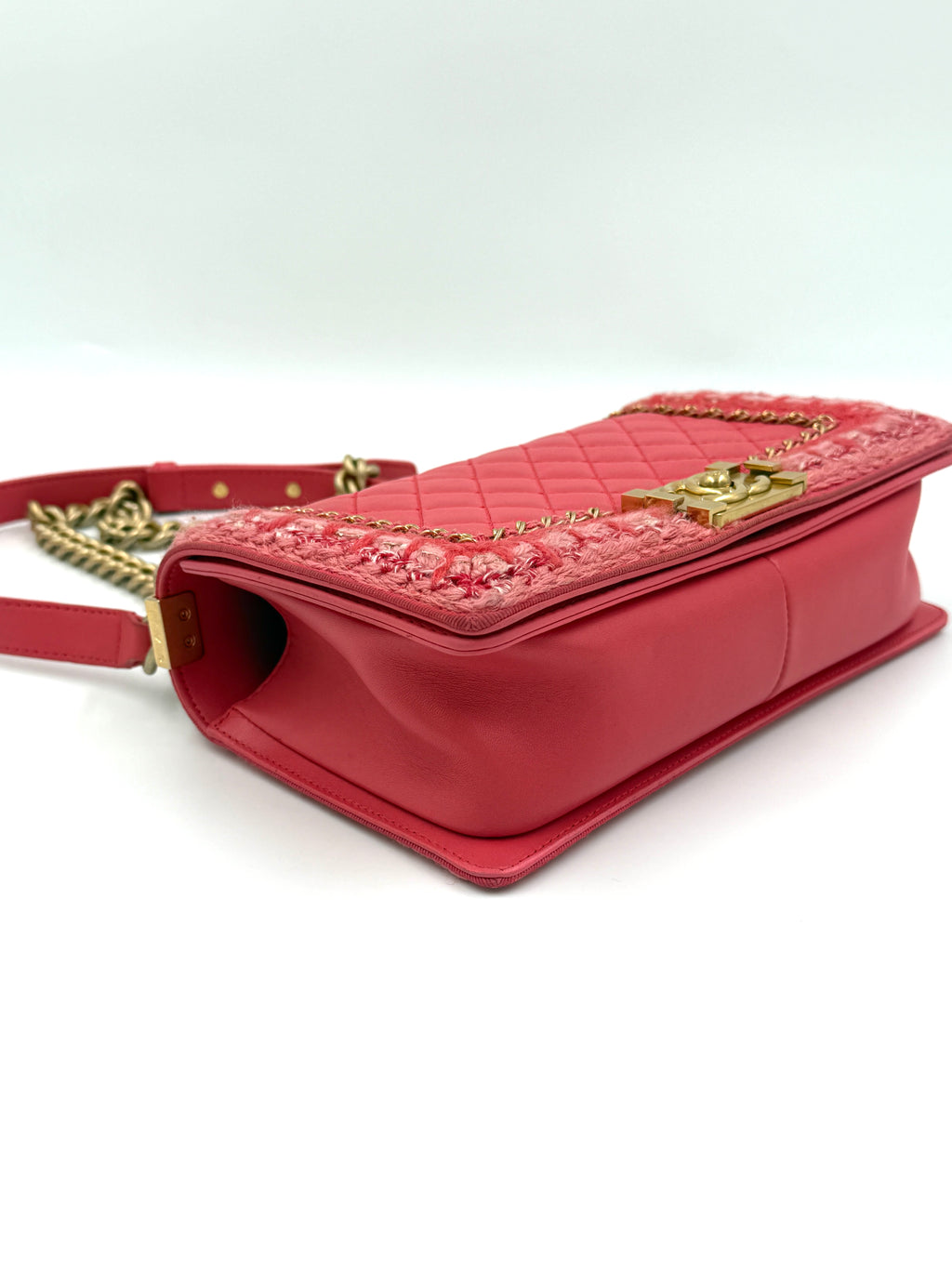 Chanel Crocheted Tweed Edge Lambskin Medium Boy Bag Coral Pink Pre Owned Authentic