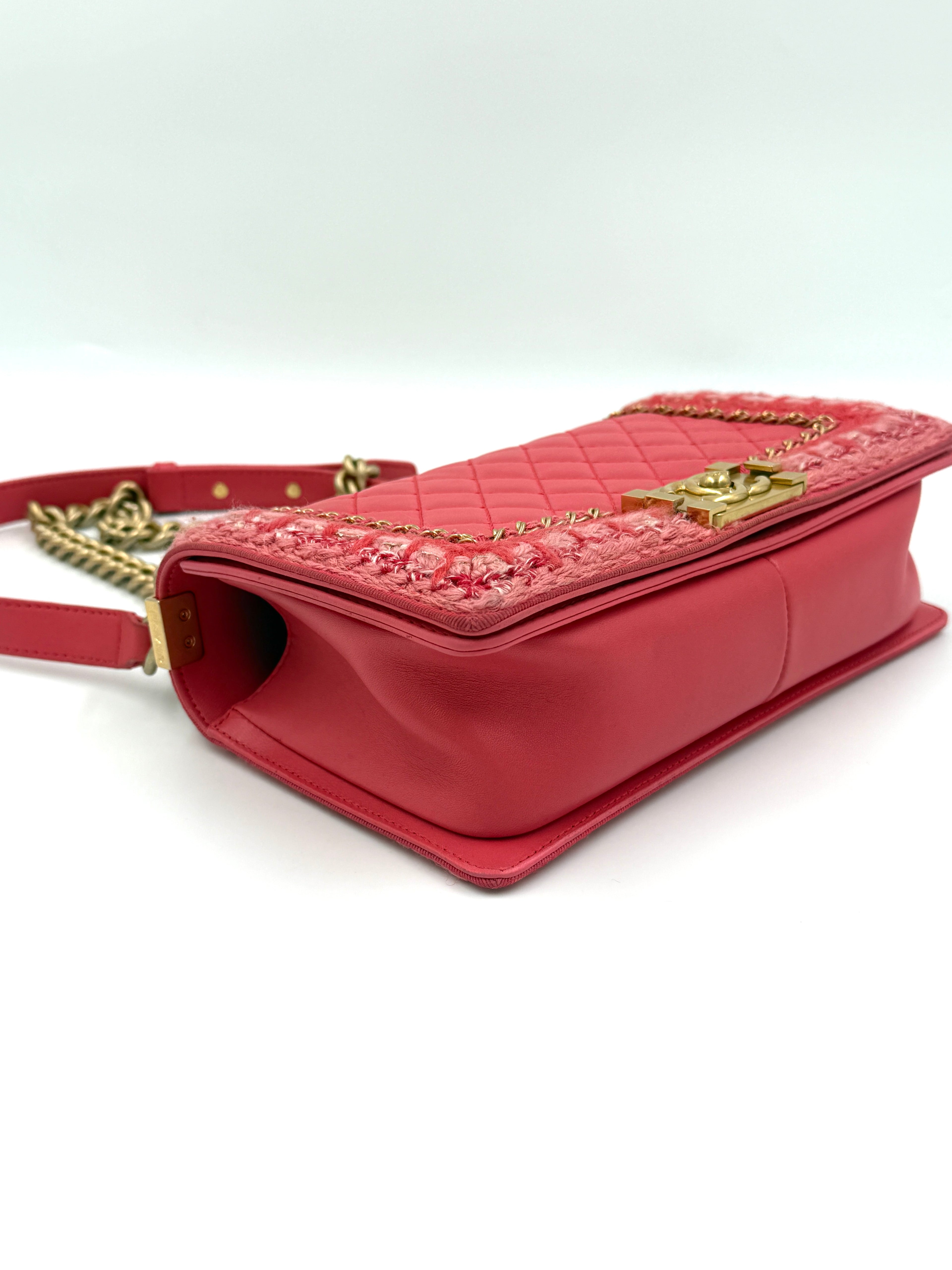 Chanel Crocheted Tweed Edge Lambskin Medium Boy Bag Coral Pink Pre Owned Authentic