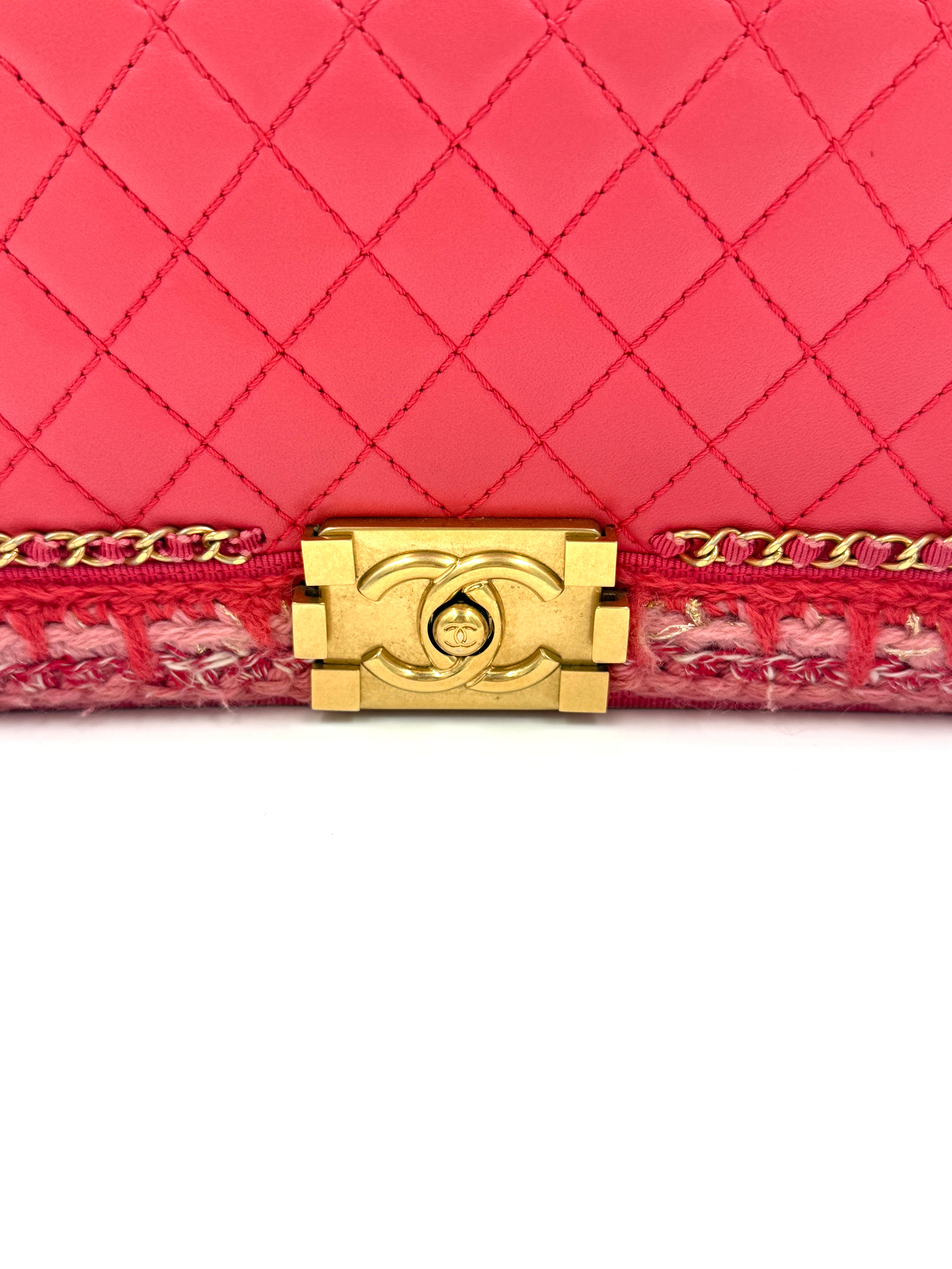 Chanel Crocheted Tweed Edge Lambskin Medium Boy Bag Coral Pink Pre Owned Authentic