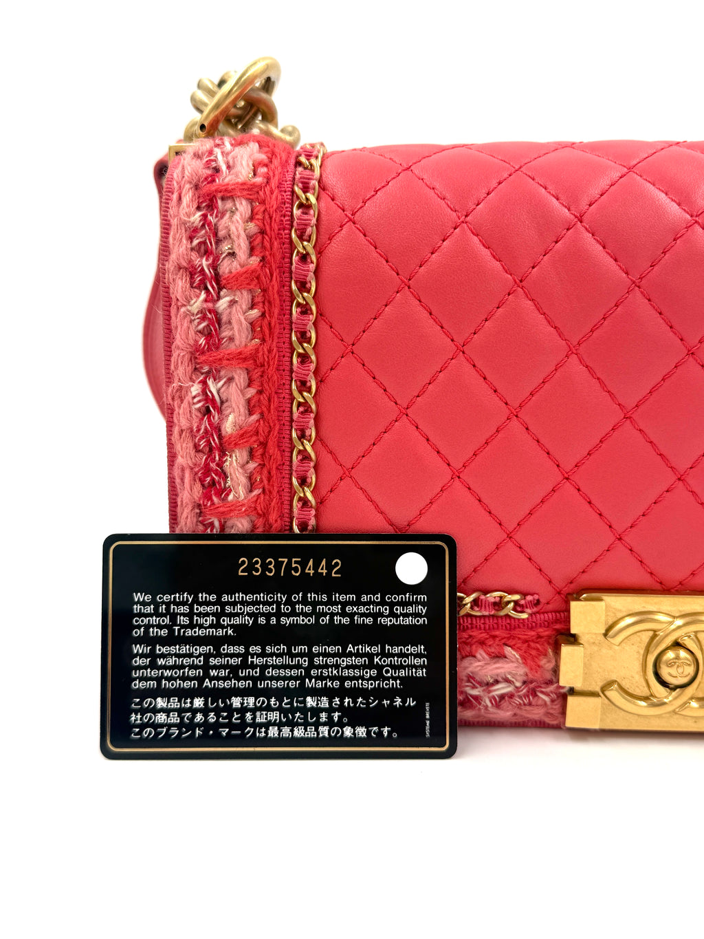 Chanel Crocheted Tweed Edge Lambskin Medium Boy Bag Coral Pink Pre Owned Authentic