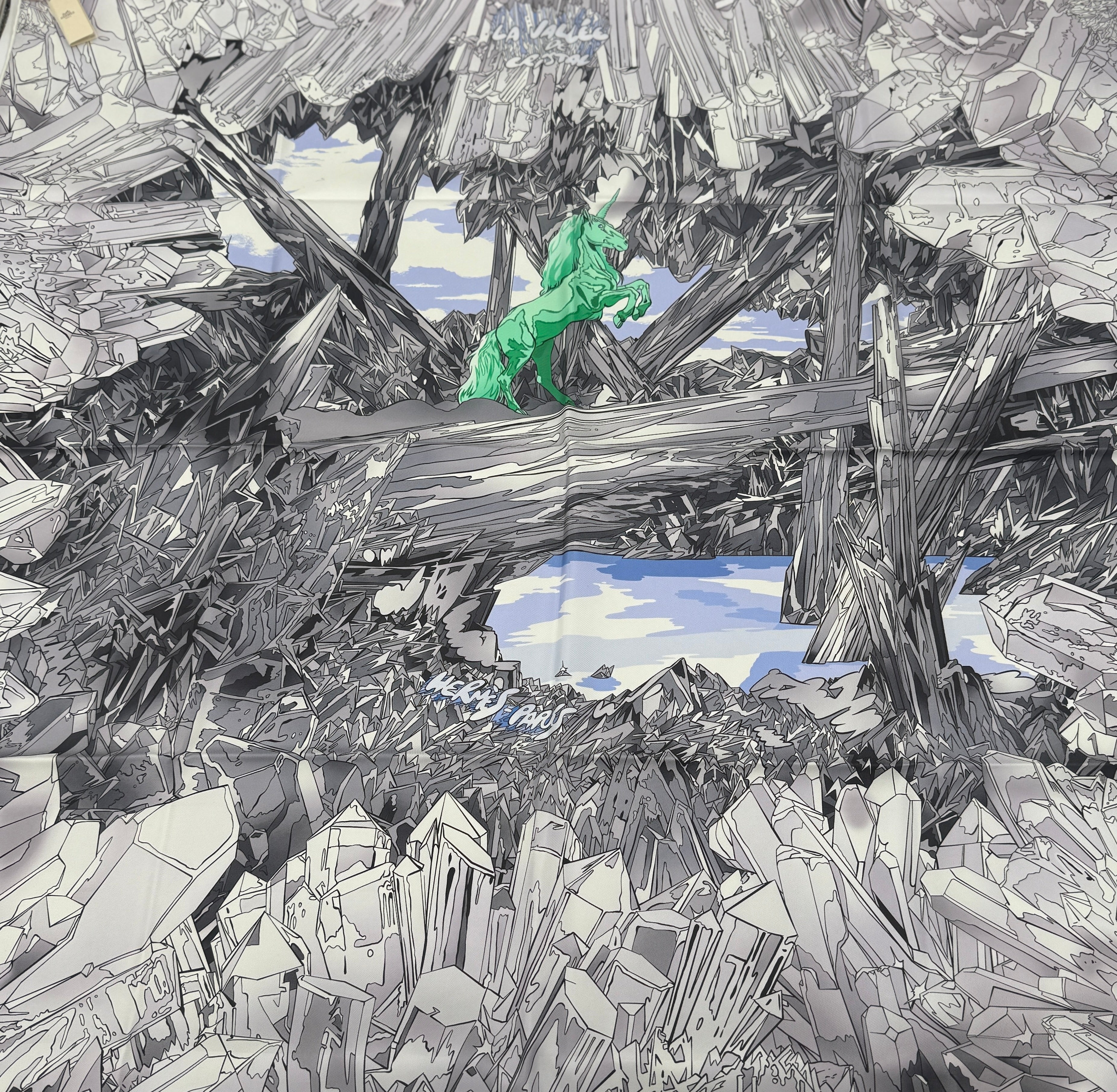 Hermès Silk Twill Scarf "La Vallée de Cristal" Unicorn Gray Unused with Box and Tags