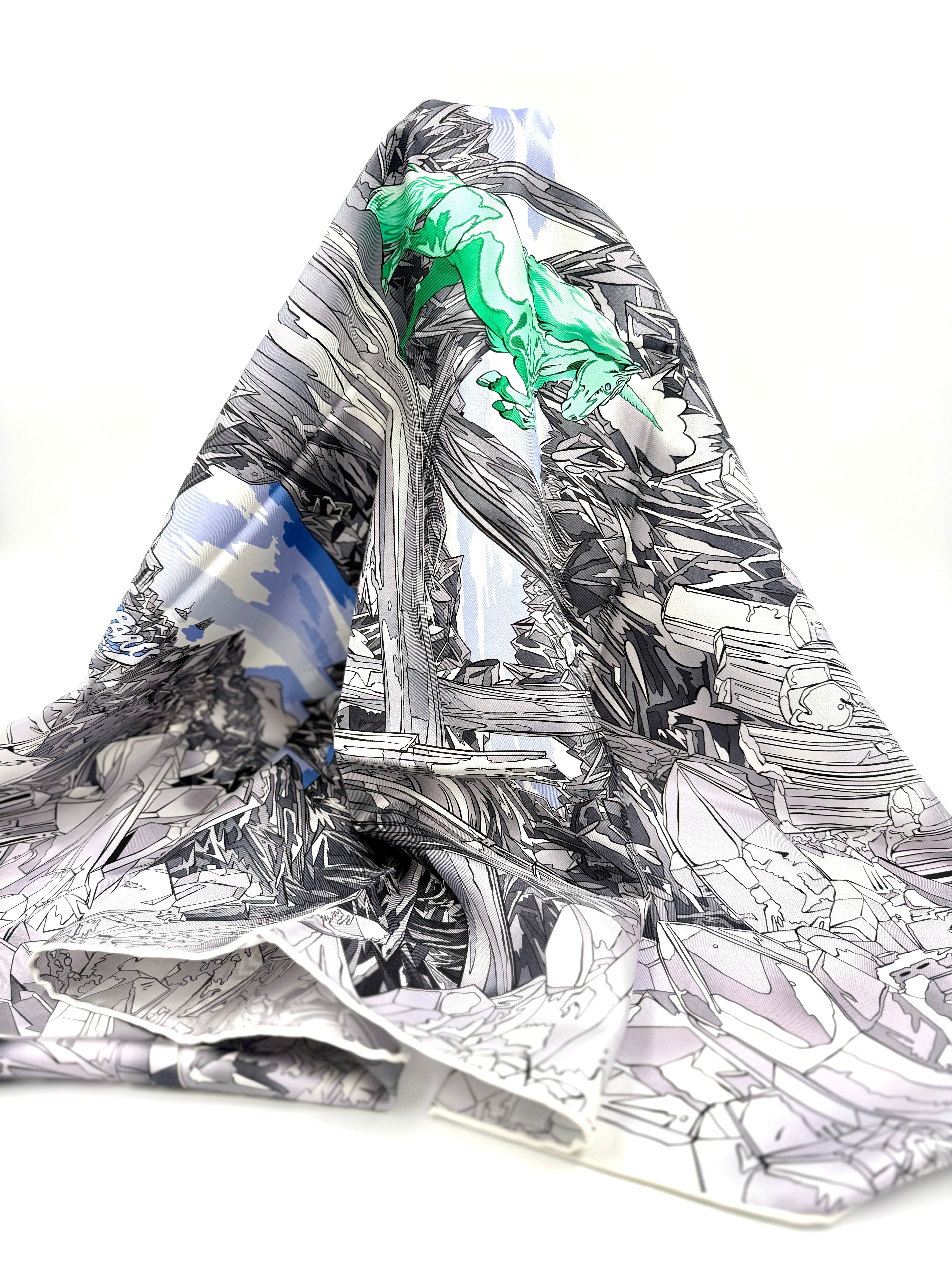 Hermès Silk Twill Scarf "La Vallée de Cristal" Unicorn Gray Unused with Box and Tags