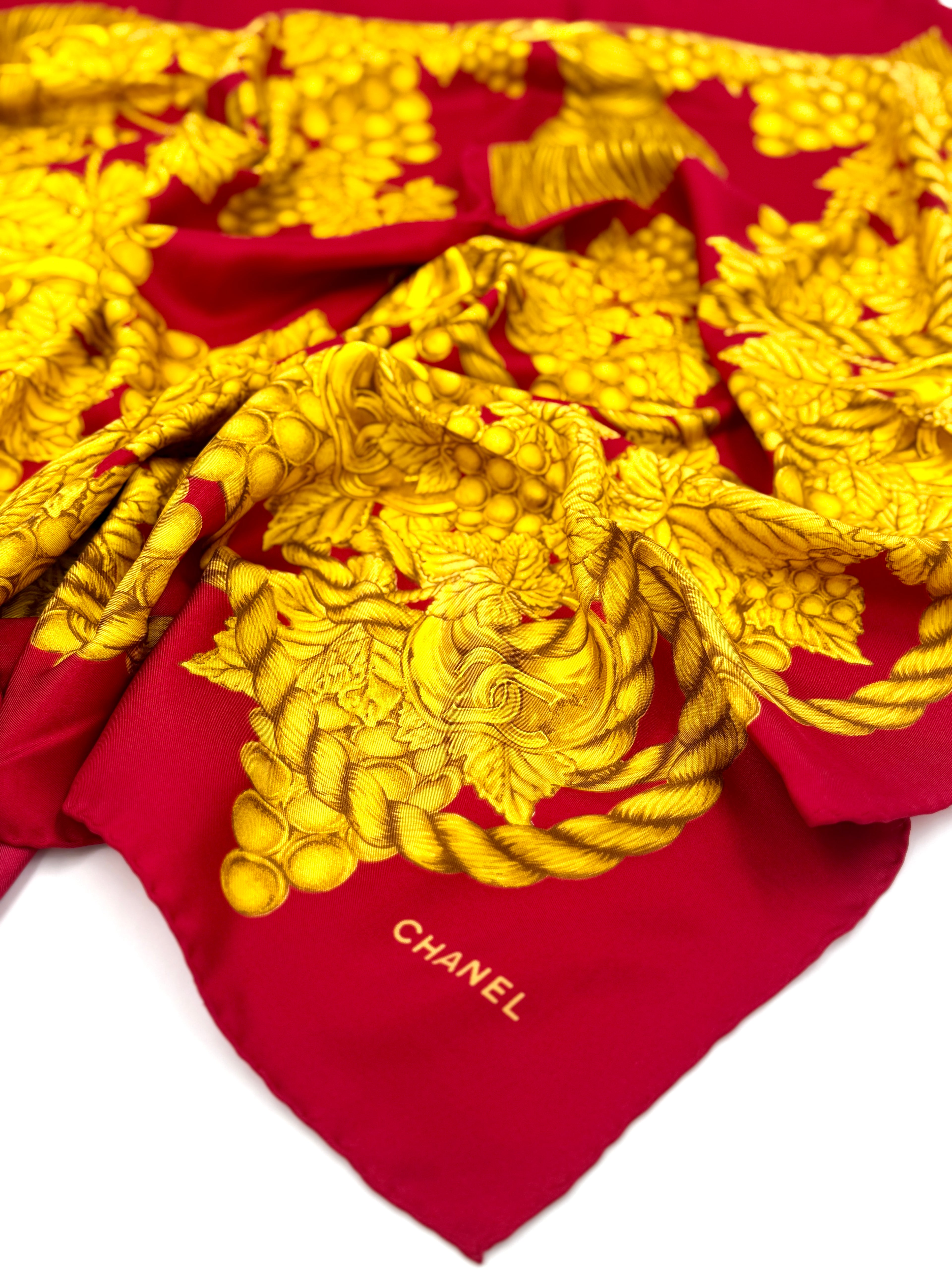 Chanel Vintage Silk Scarf Grapevine Print Red and Gold - Pre Owned Authentic