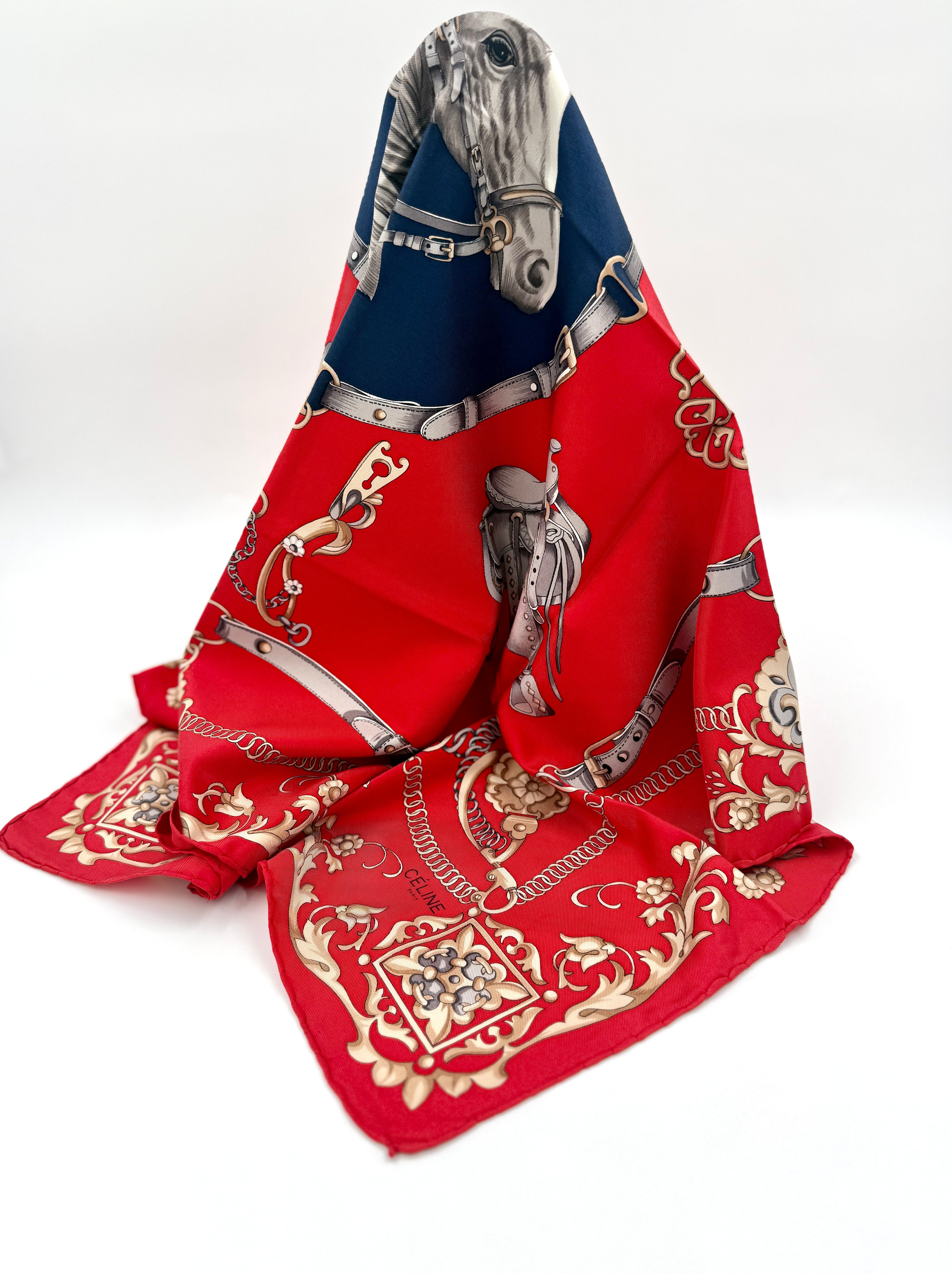 Celine Equestrian Red 35" Silk Scarf - Unused in Original Envelope - Pre Owned Authentic