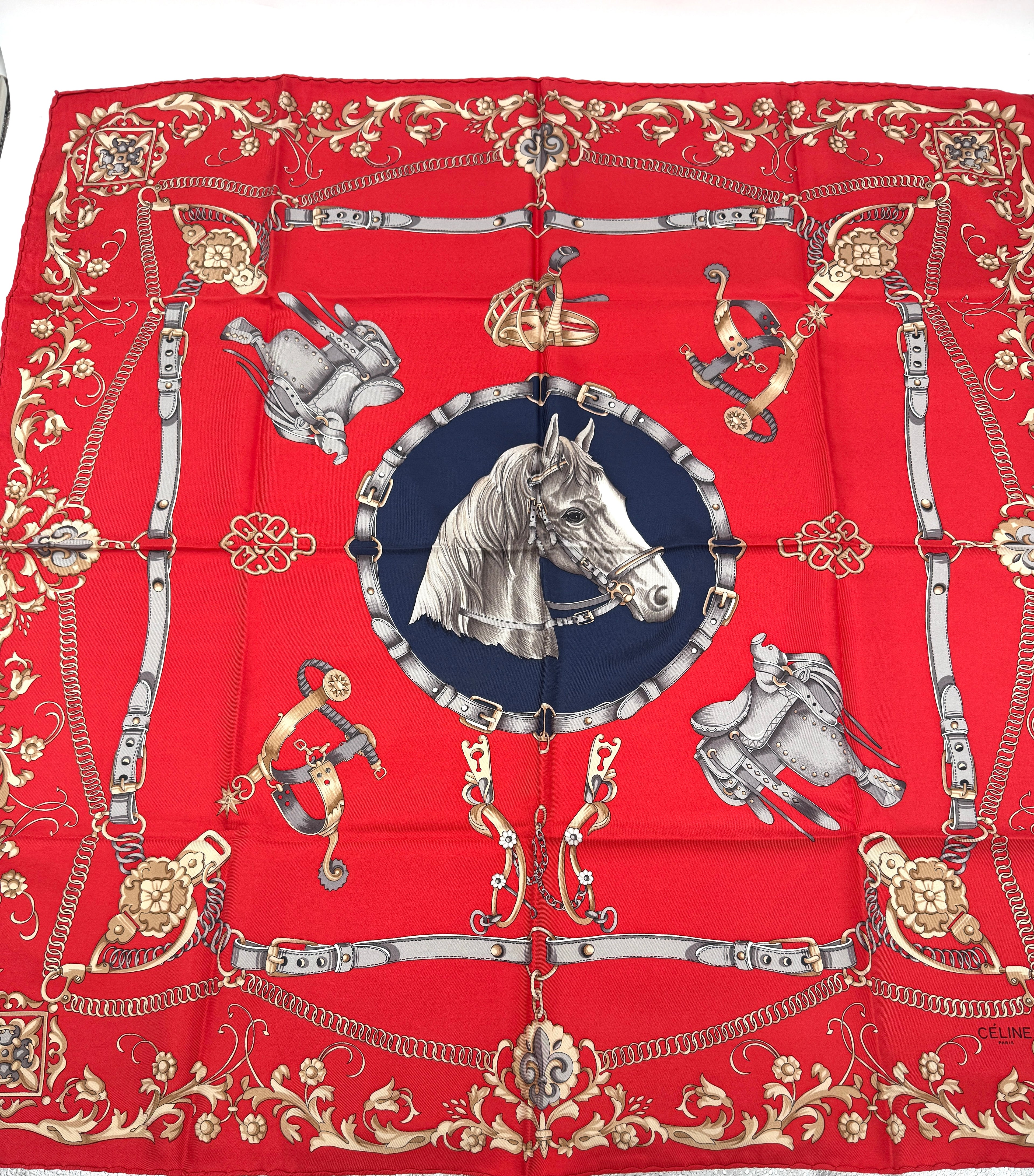 Celine Equestrian Red 35" Silk Scarf - Unused in Original Envelope - Pre Owned Authentic