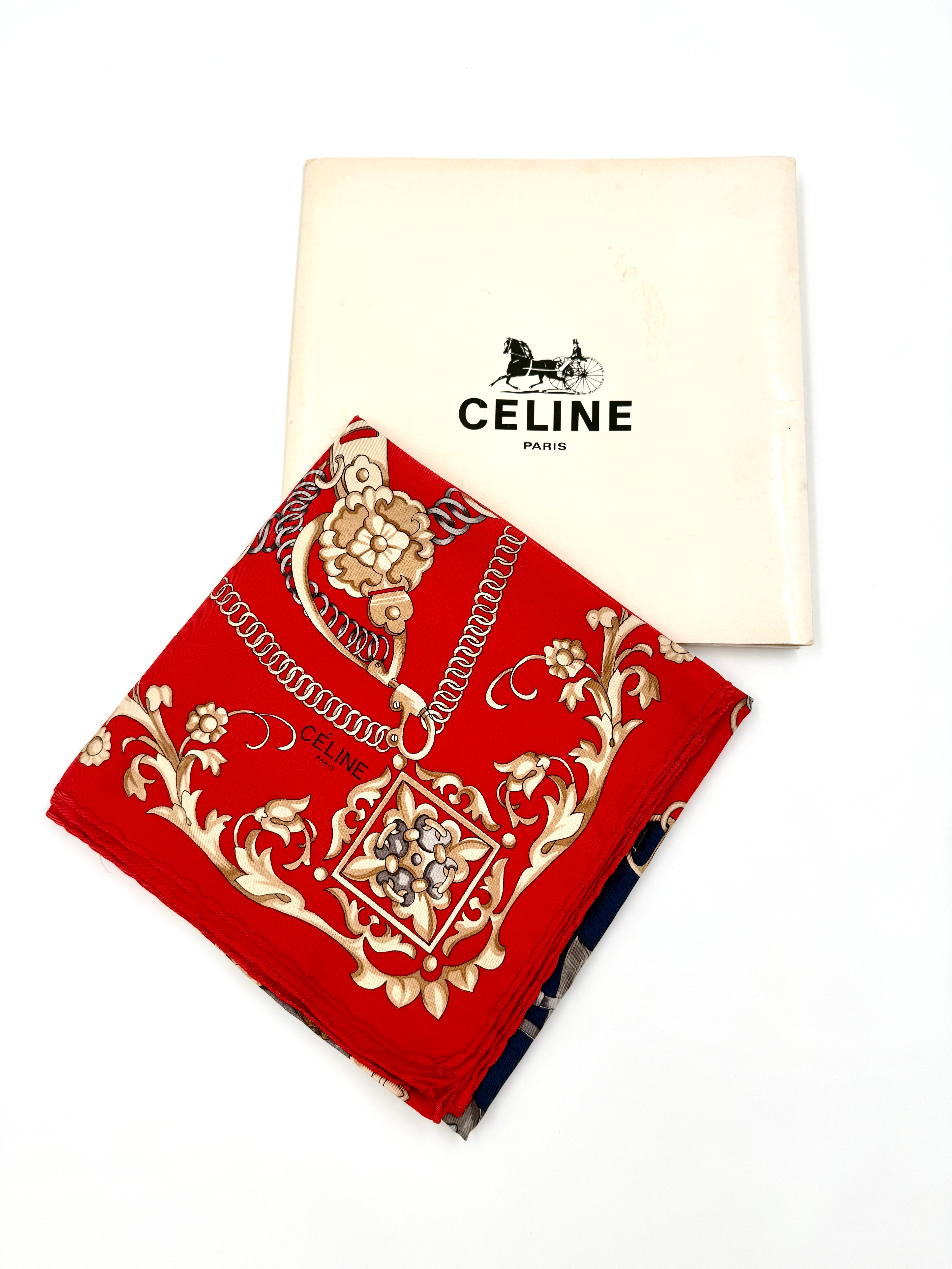 Celine Equestrian Red 35" Silk Scarf - Unused in Original Envelope - Pre Owned Authentic