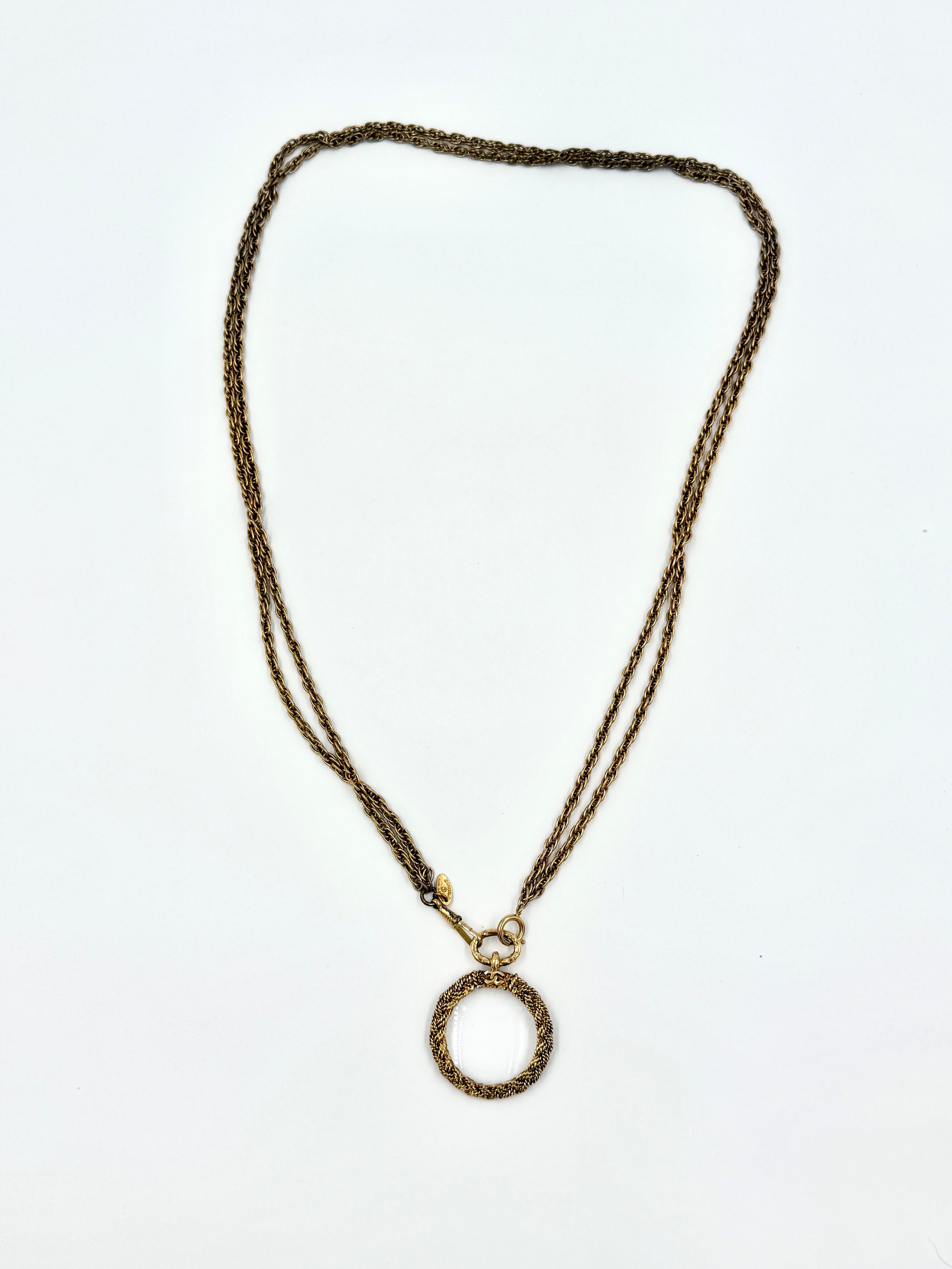 Chanel Vintage 14k Gold Plated Double Chain Monocle Magnifying Glass Necklace Rope Detail Pre Owned Authentic