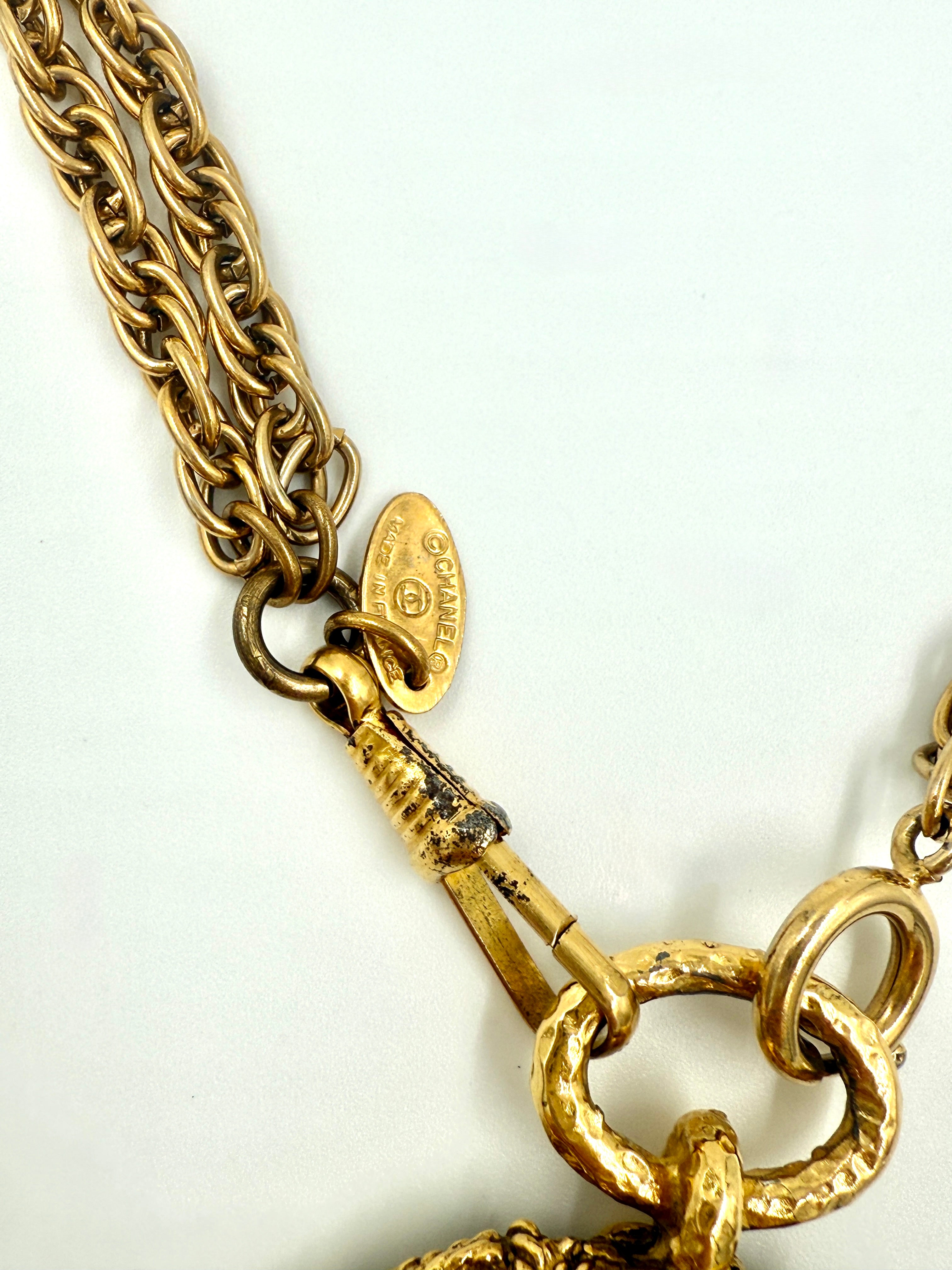 Chanel Vintage 14k Gold Plated Double Chain Monocle Magnifying Glass Necklace Rope Detail Pre Owned Authentic