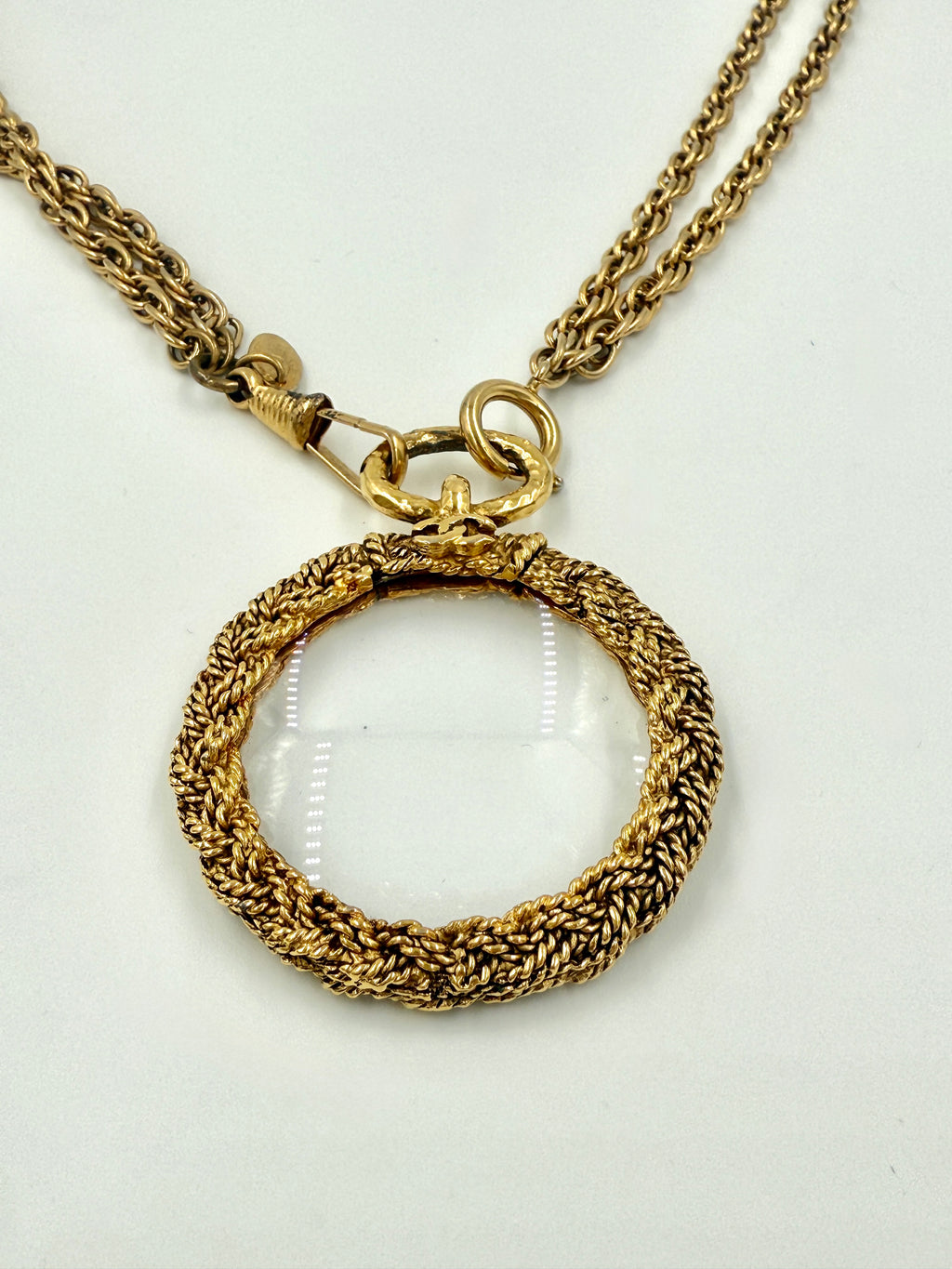 Chanel Vintage 14k Gold Plated Double Chain Monocle Magnifying Glass Necklace Rope Detail Pre Owned Authentic