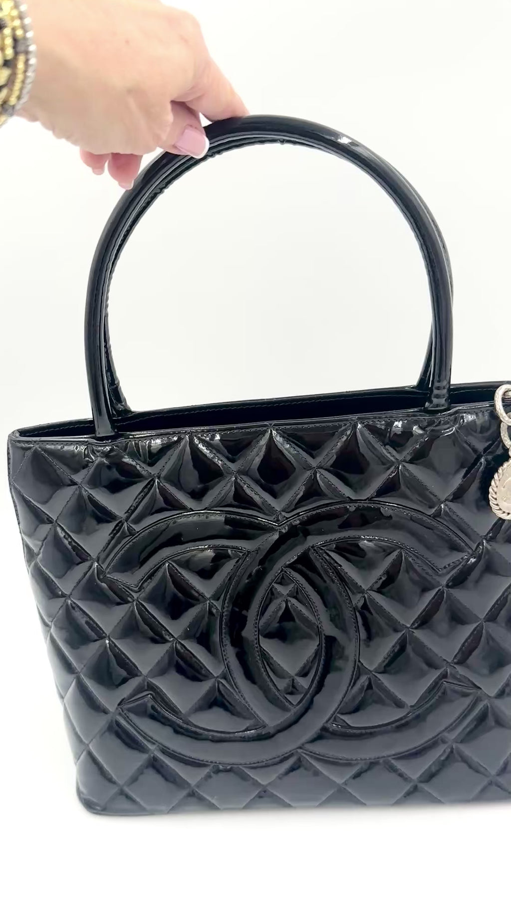Chanel Black Quilted Patent Leather Medallion Tote Bag with Silver Hardware - Pre Owned Authentic