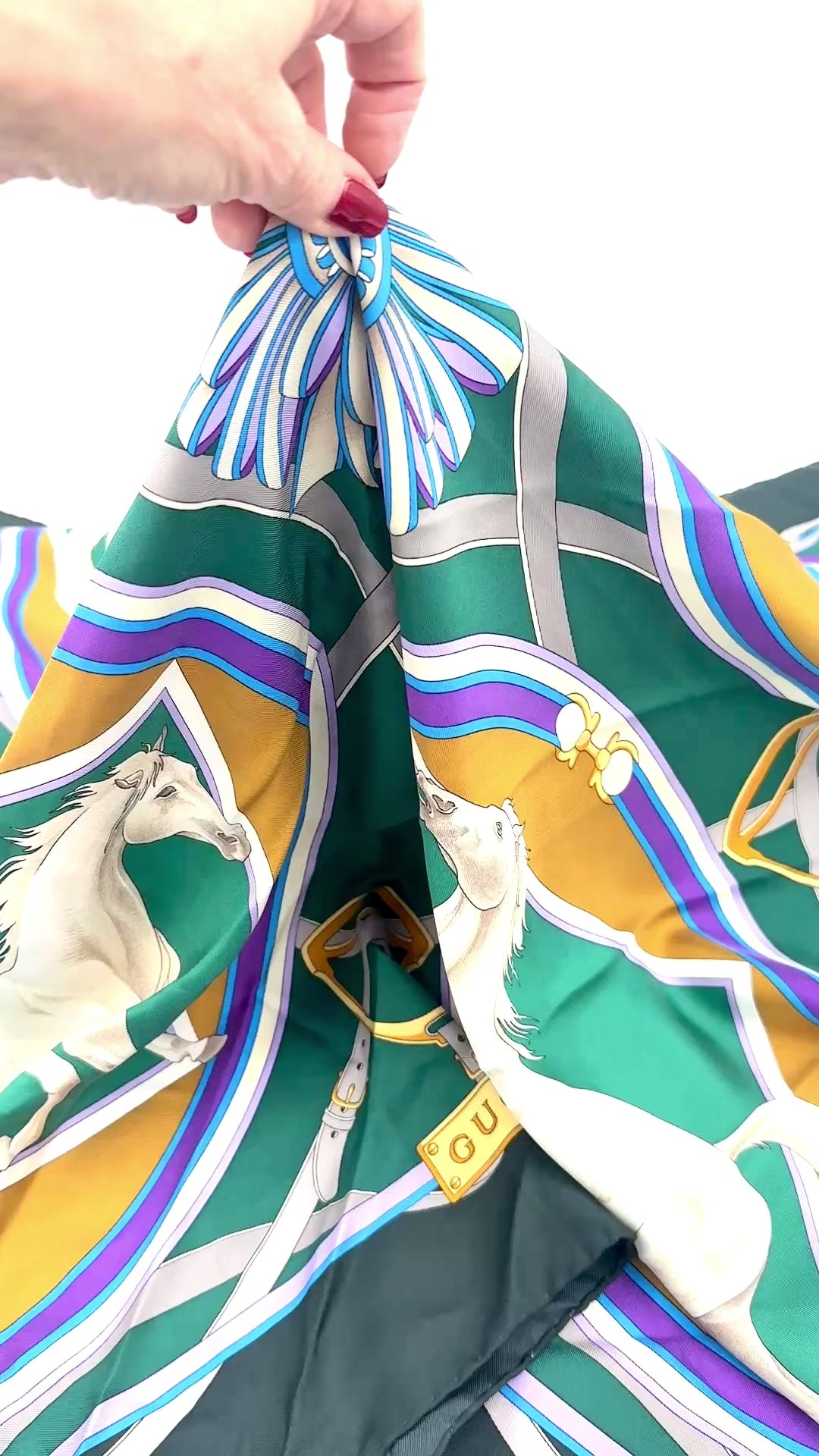 Gucci Silk Scarf Equestrian Print White Stallions Pre Owned Authentic