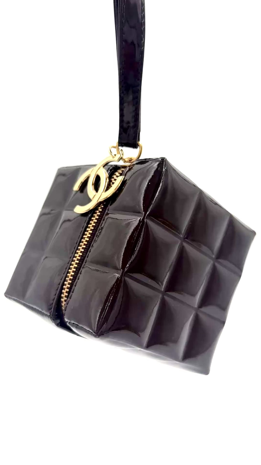 Chanel Chocolate Bar Brown Patent Leather Cube Wristlet, Rare Collectible - Pre Owned Authentic