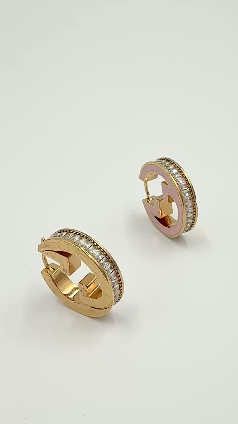 Gucci GG Enamel and Gold Crystal Hoop Earrings - Pre Owned Authentic